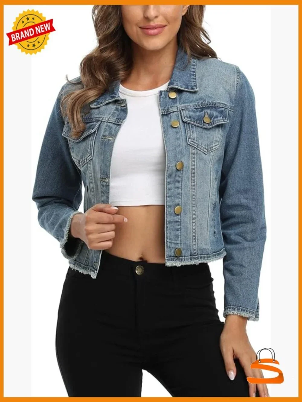 Frayed Washed Cropped Denim Jacket Button Up with 2 Side Pockets